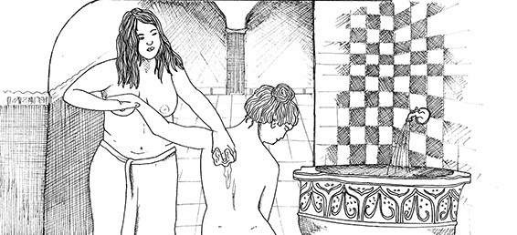 dessin en noir et blanc de femmes se lavant dans un hamman